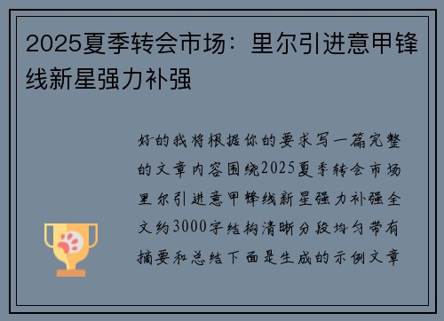 2025夏季转会市场：里尔引进意甲锋线新星强力补强