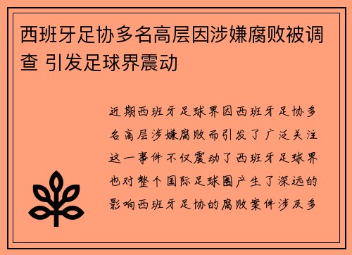 西班牙足协多名高层因涉嫌腐败被调查 引发足球界震动 西班牙足协多名高层因涉嫌腐败被调查 引发足球界震动