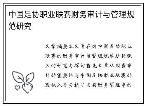中国足协职业联赛财务审计与管理规范研究 中国足协职业联赛财务审计与管理规范研究